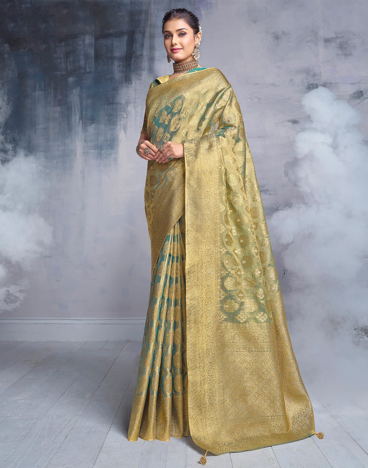 Gold and Blue Banaras Tissue Saree