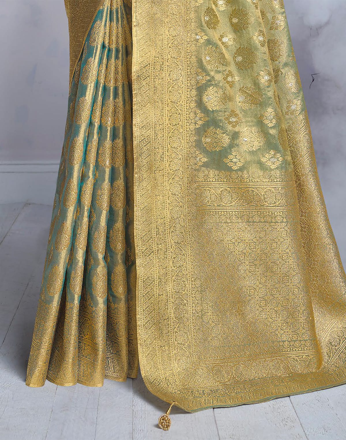 Gold and Blue Banaras Tissue Saree