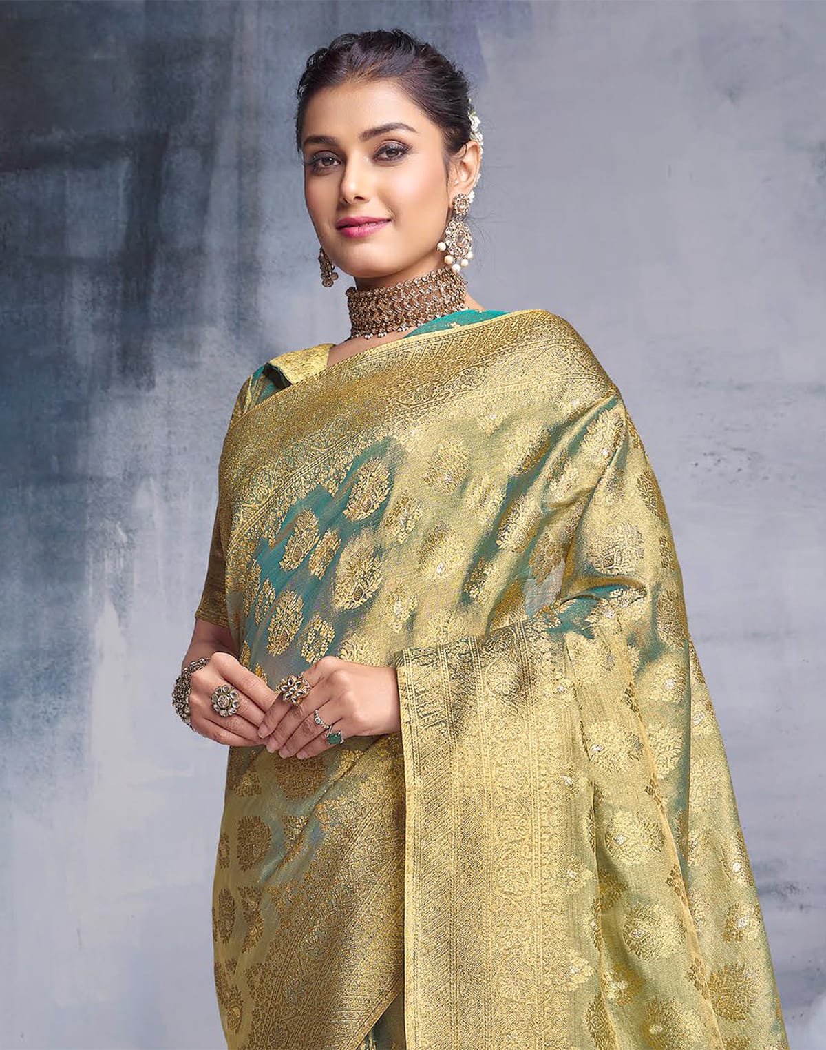 Collection of Gold and Blue Banaras Tissue Saree in a gallery layout