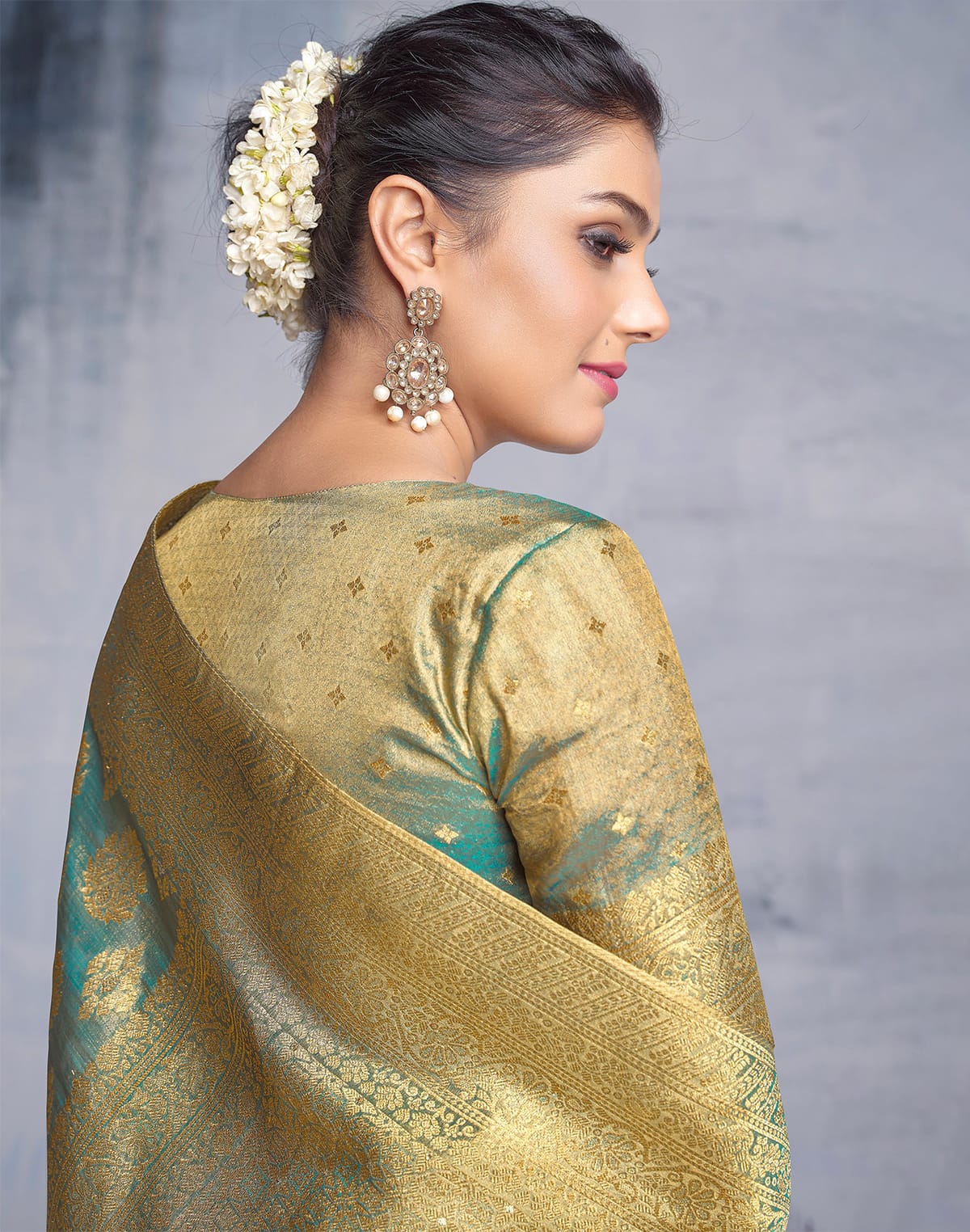 Collection of Gold and Blue Banaras Tissue Saree in a gallery layout