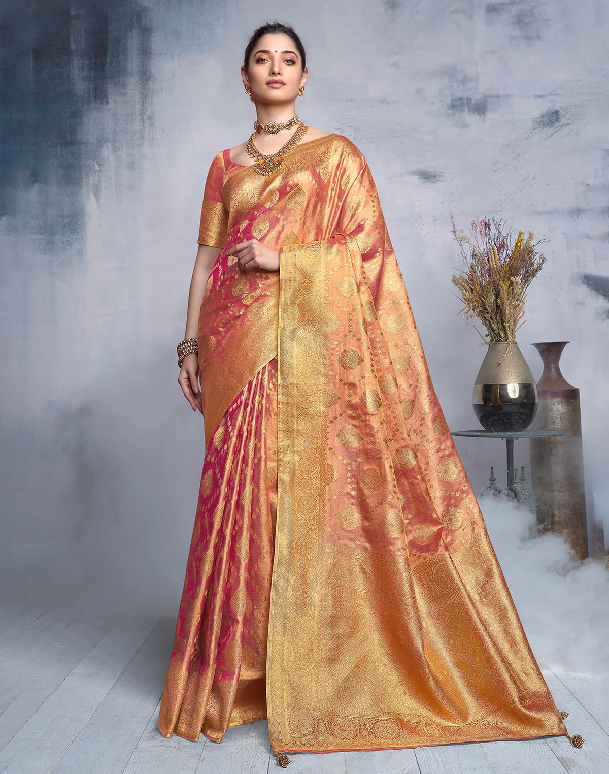 Collection of Pink Coloured Floral Banaras Tissue Saree in a gallery layout