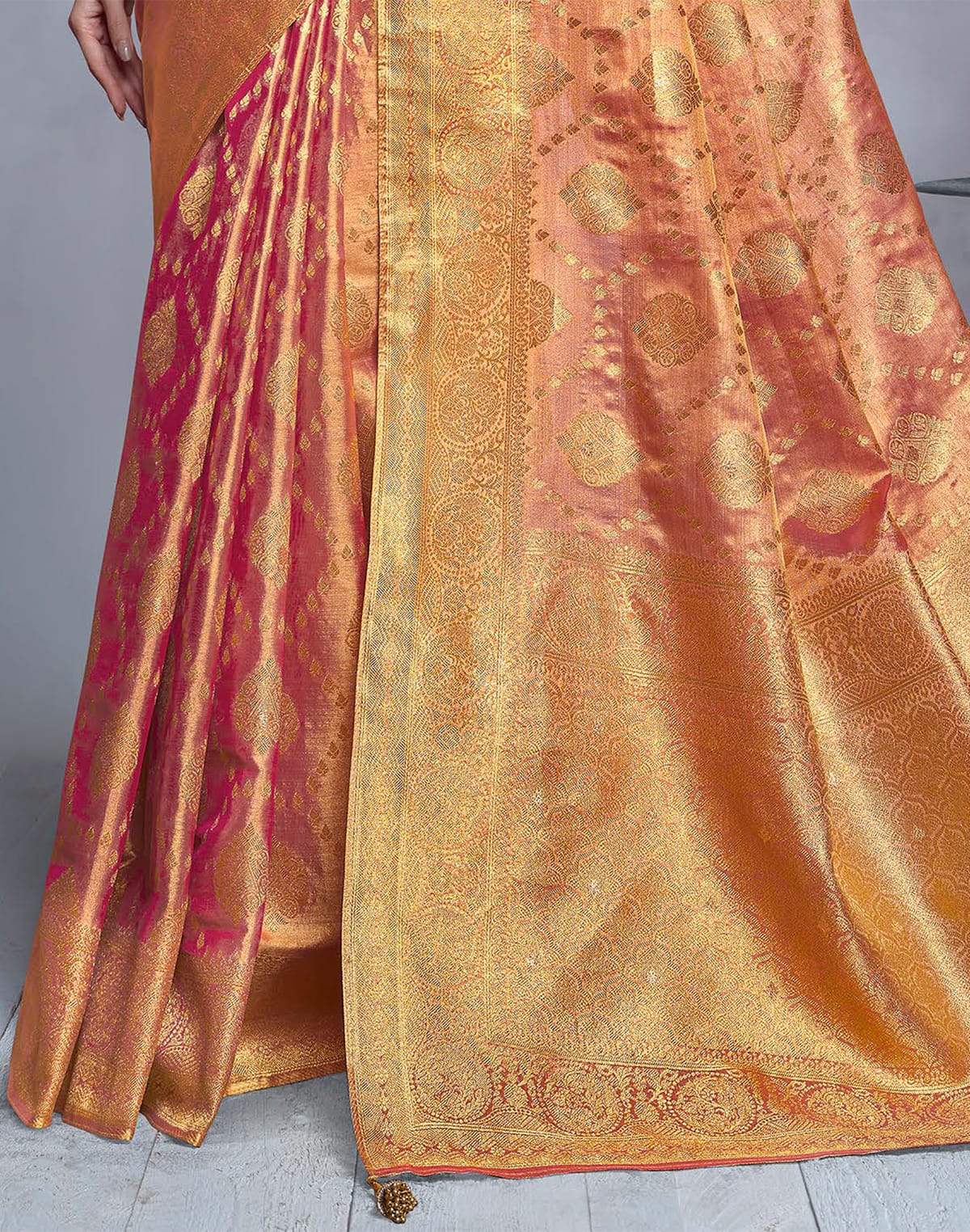 Collection of Pink Coloured Floral Banaras Tissue Saree in a gallery layout