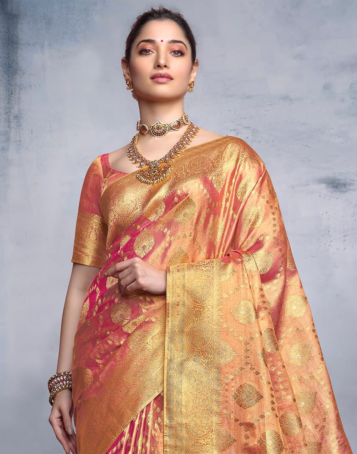 Collection of Pink Coloured Floral Banaras Tissue Saree in a gallery layout