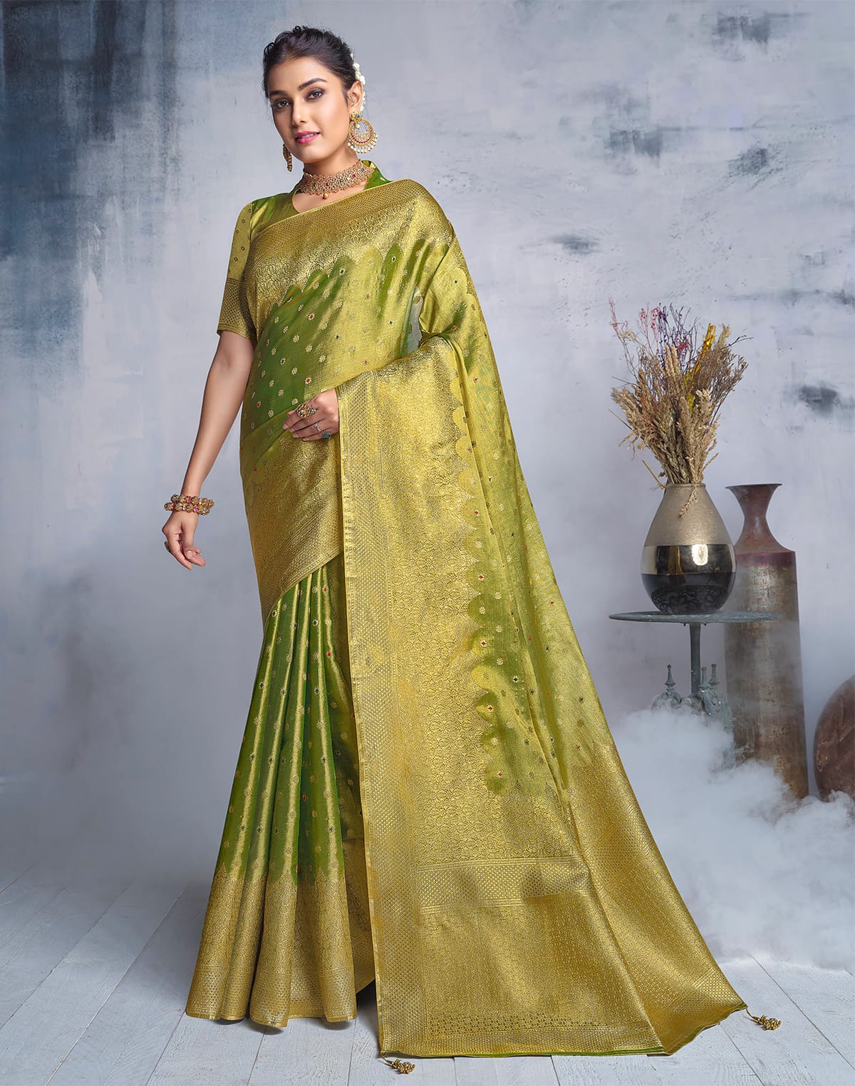 Collection of Parrot Green Banaras Tissue Saree in a gallery layout