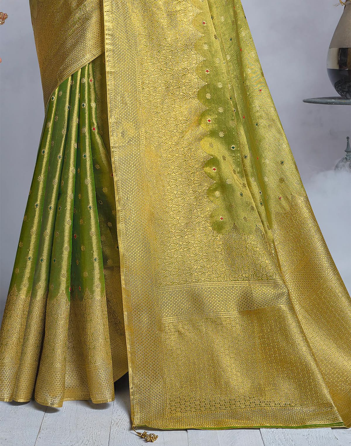 Parrot Green Banaras Tissue Saree