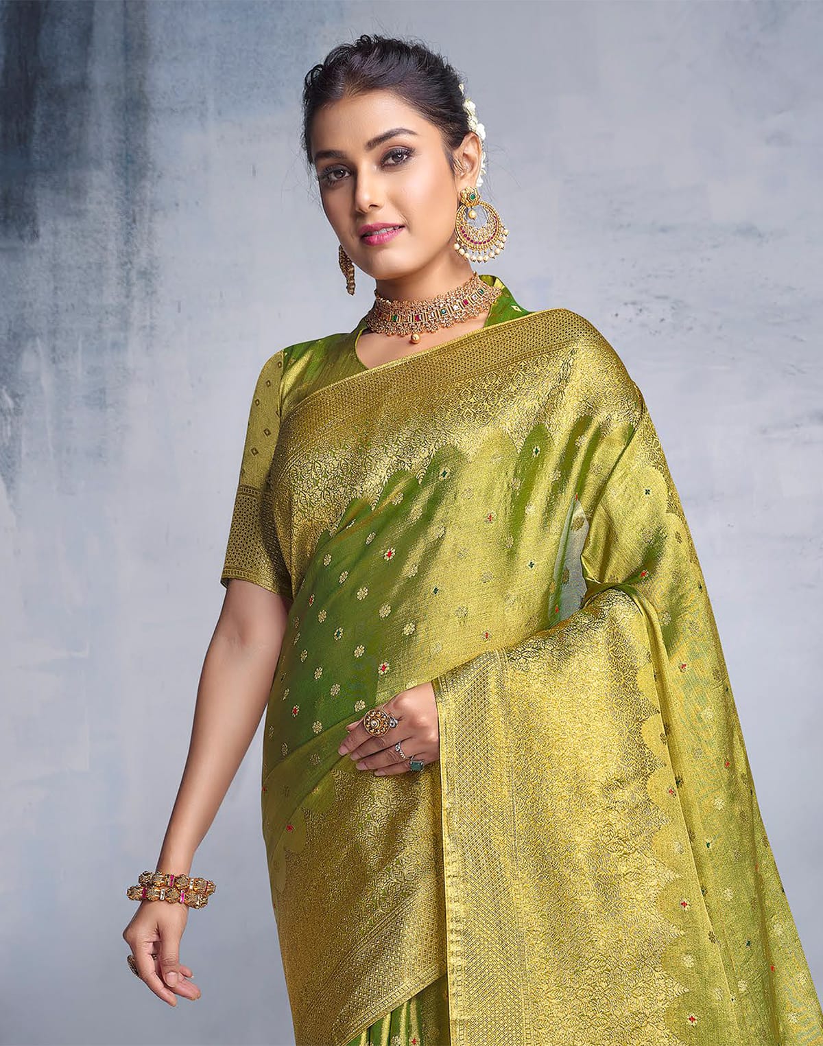 Parrot Green Banaras Tissue Saree