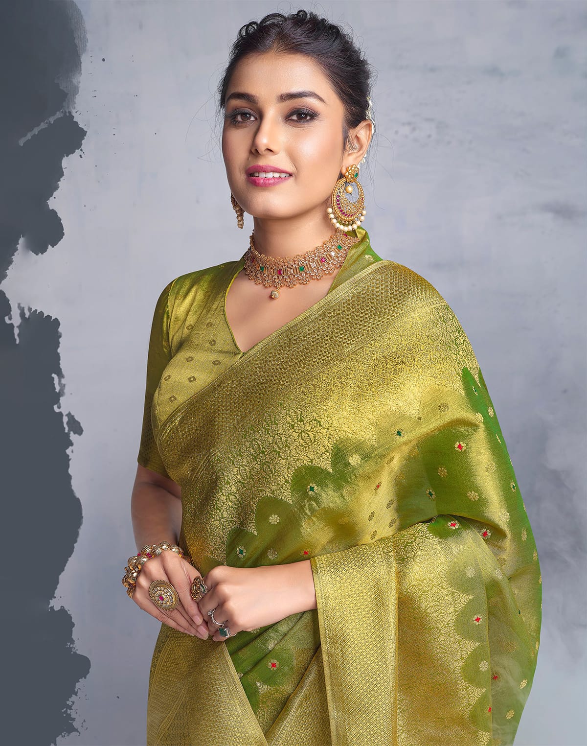 Collection of Parrot Green Banaras Tissue Saree in a gallery layout