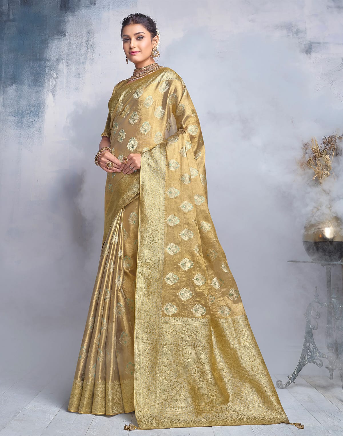 Collection of Brownish Gold Matte Banaras Tissue Saree in a gallery layout