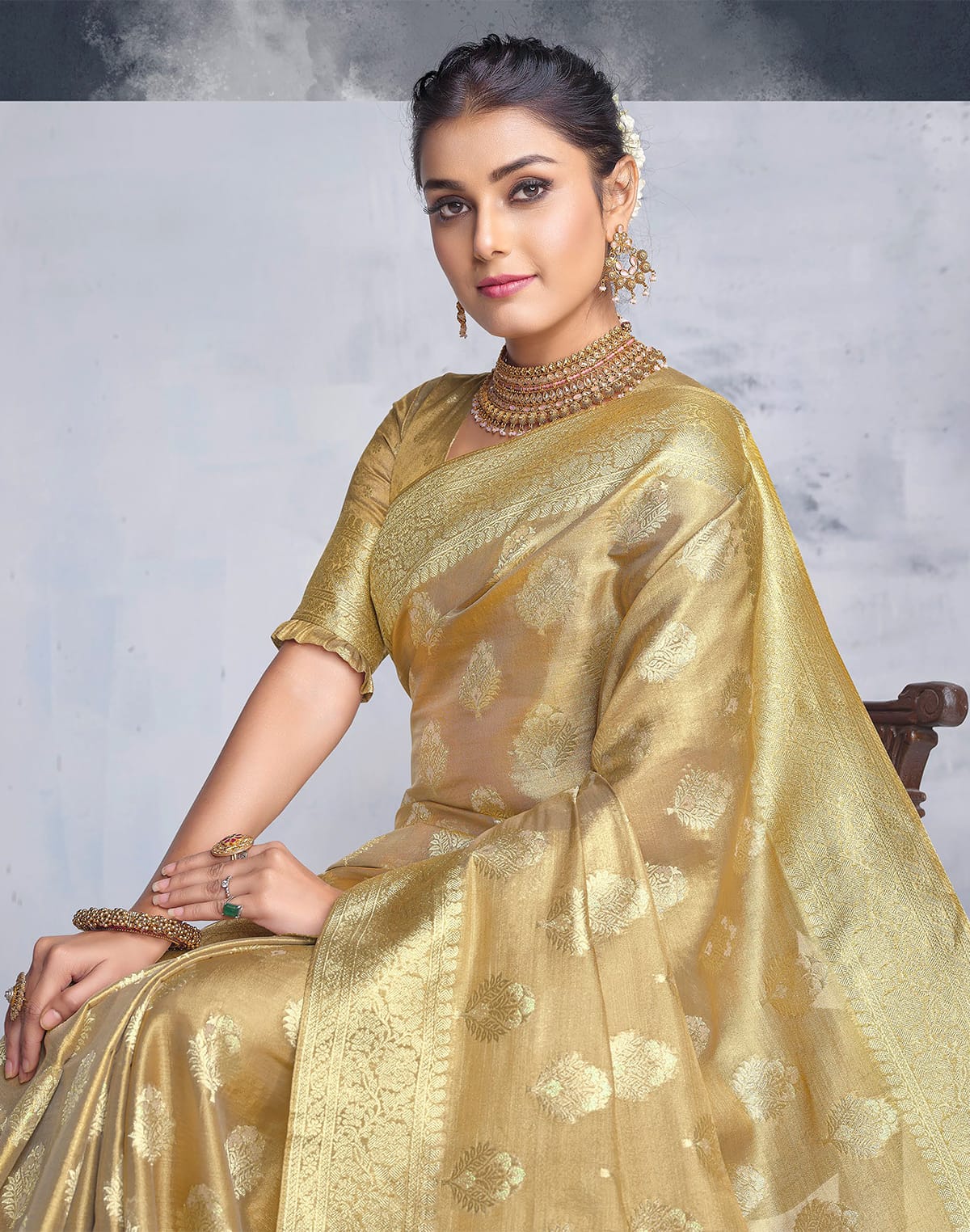 Brownish Gold Matte Banaras Tissue Saree