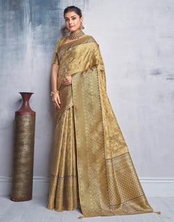 Collection of Gold Coloured all over Paisely design Banaras Tissue Saree in a gallery layout