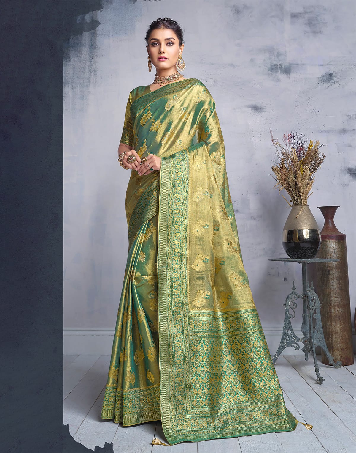 Greenish Floral Motis Banaras Tissue Saree