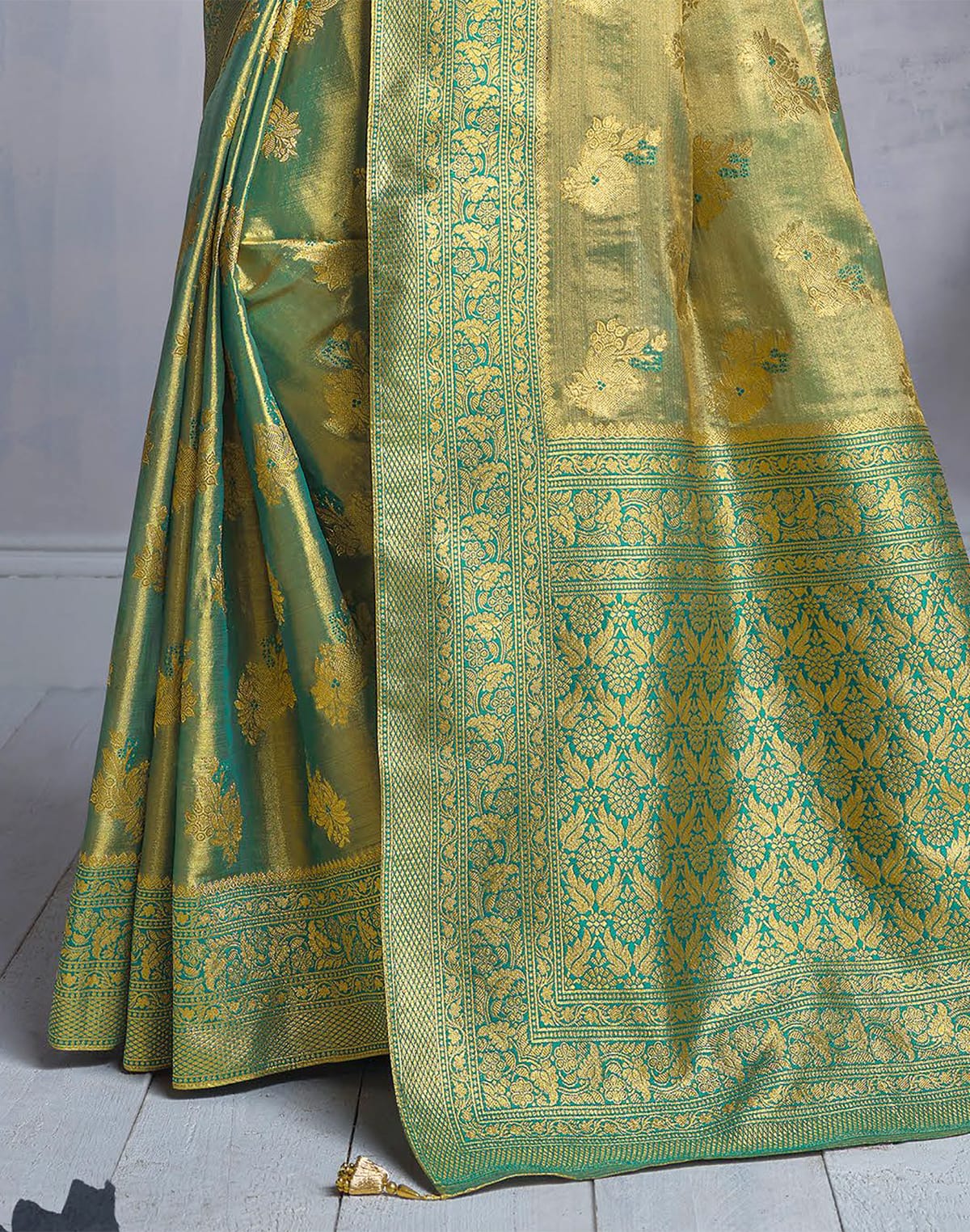 Collection of Greenish Floral Motis Banaras Tissue Saree in a gallery layout