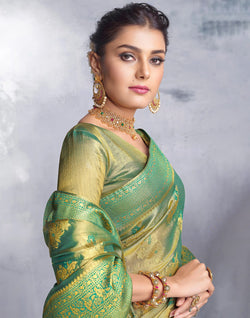 Collection of Greenish Floral Motis Banaras Tissue Saree in a gallery layout