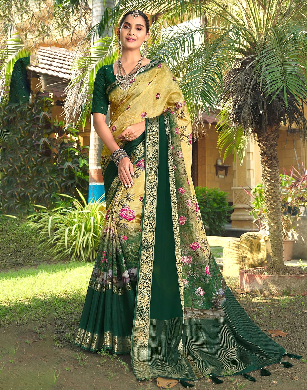 Yellow Coloured Floral Motifs Dola Silk Saree