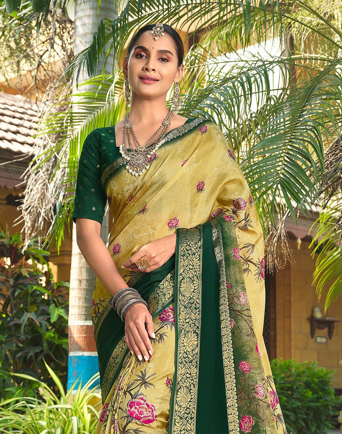 Yellow Coloured Floral Motifs Dola Silk Saree