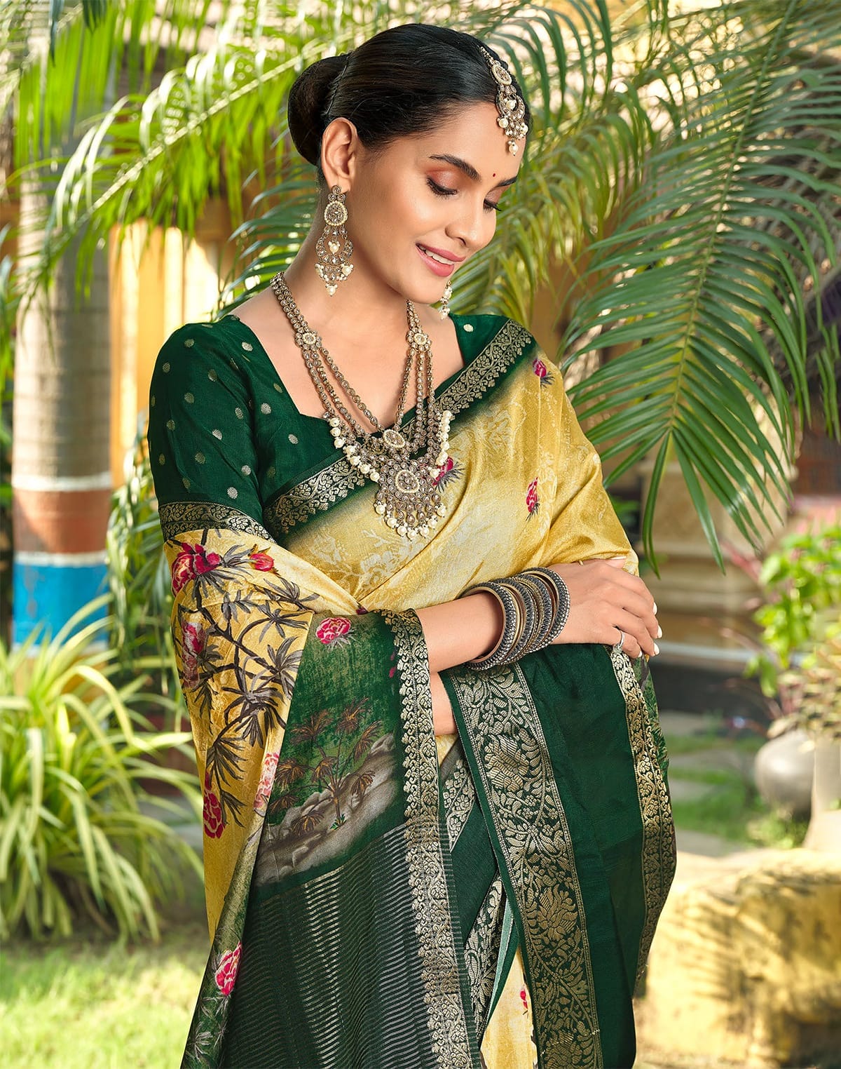 Yellow Coloured Floral Motifs Dola Silk Saree