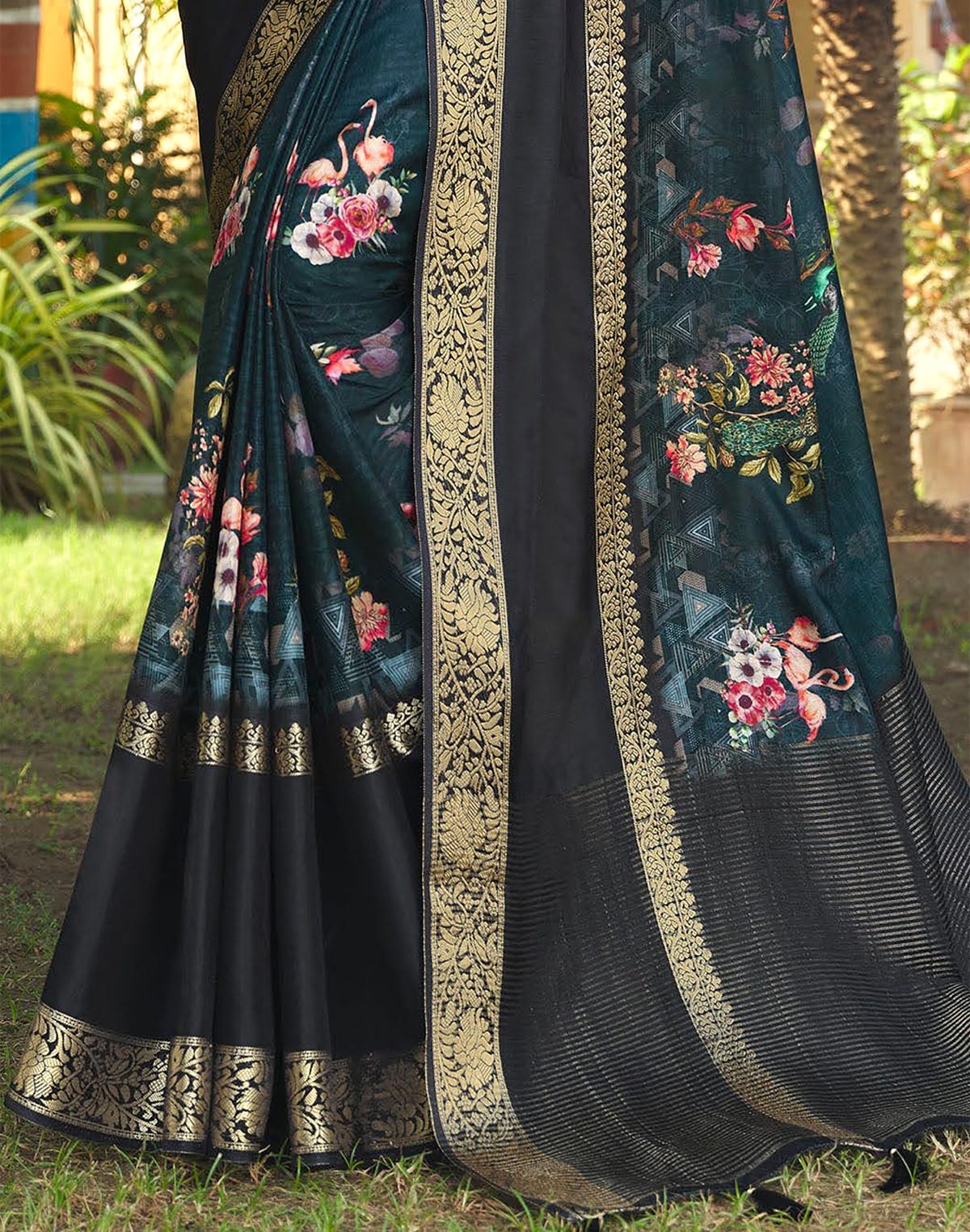 Collection of Peacock Blue Novelty Pattern Dola Silk Saree in a gallery layout