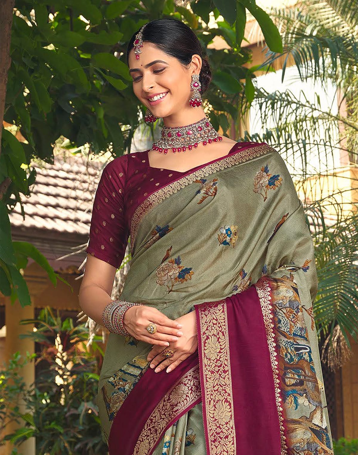 Collection of Mehendi Green Floral Dola Silk Saree with Contrast Blouse in a gallery layout