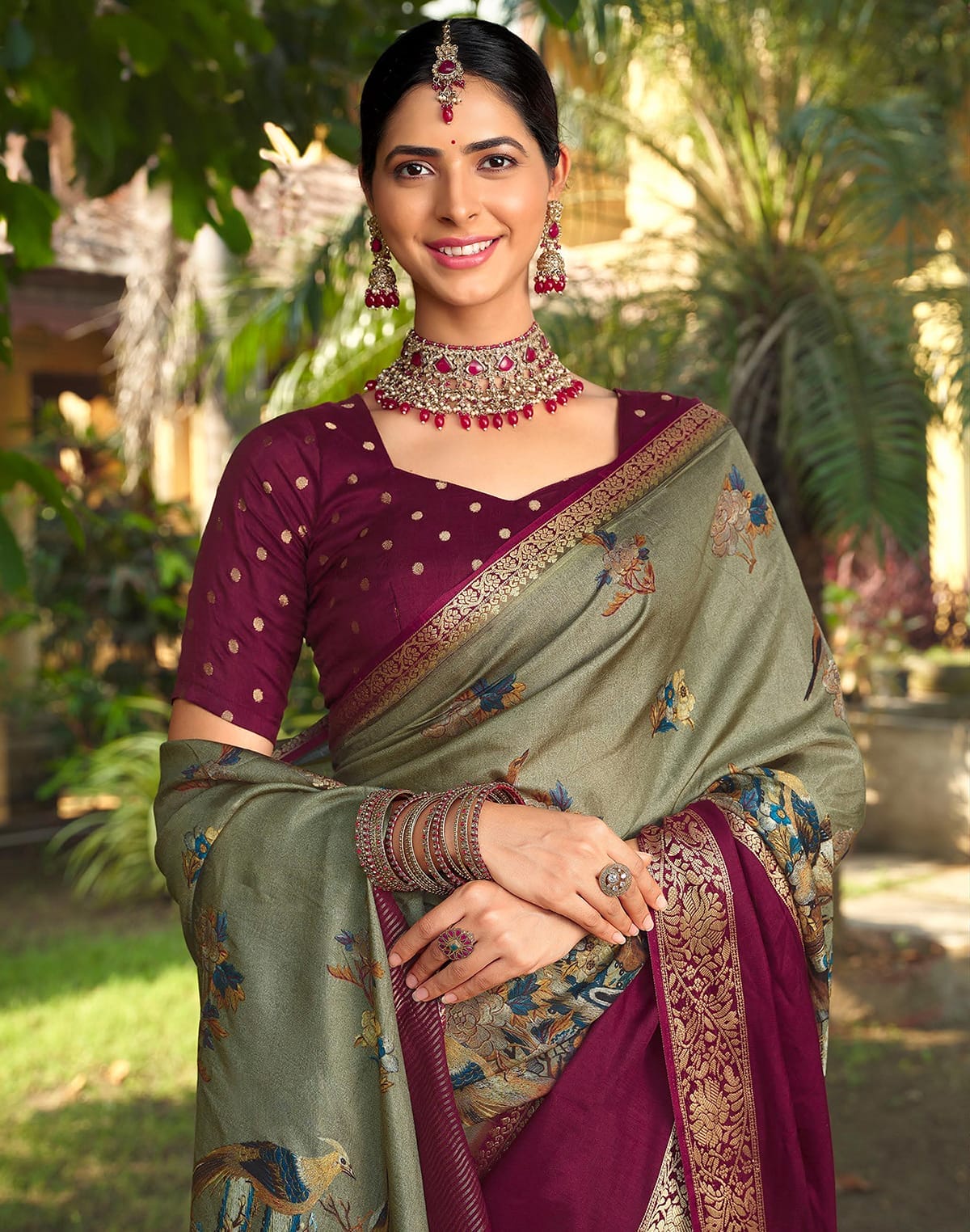 Collection of Mehendi Green Floral Dola Silk Saree with Contrast Blouse in a gallery layout