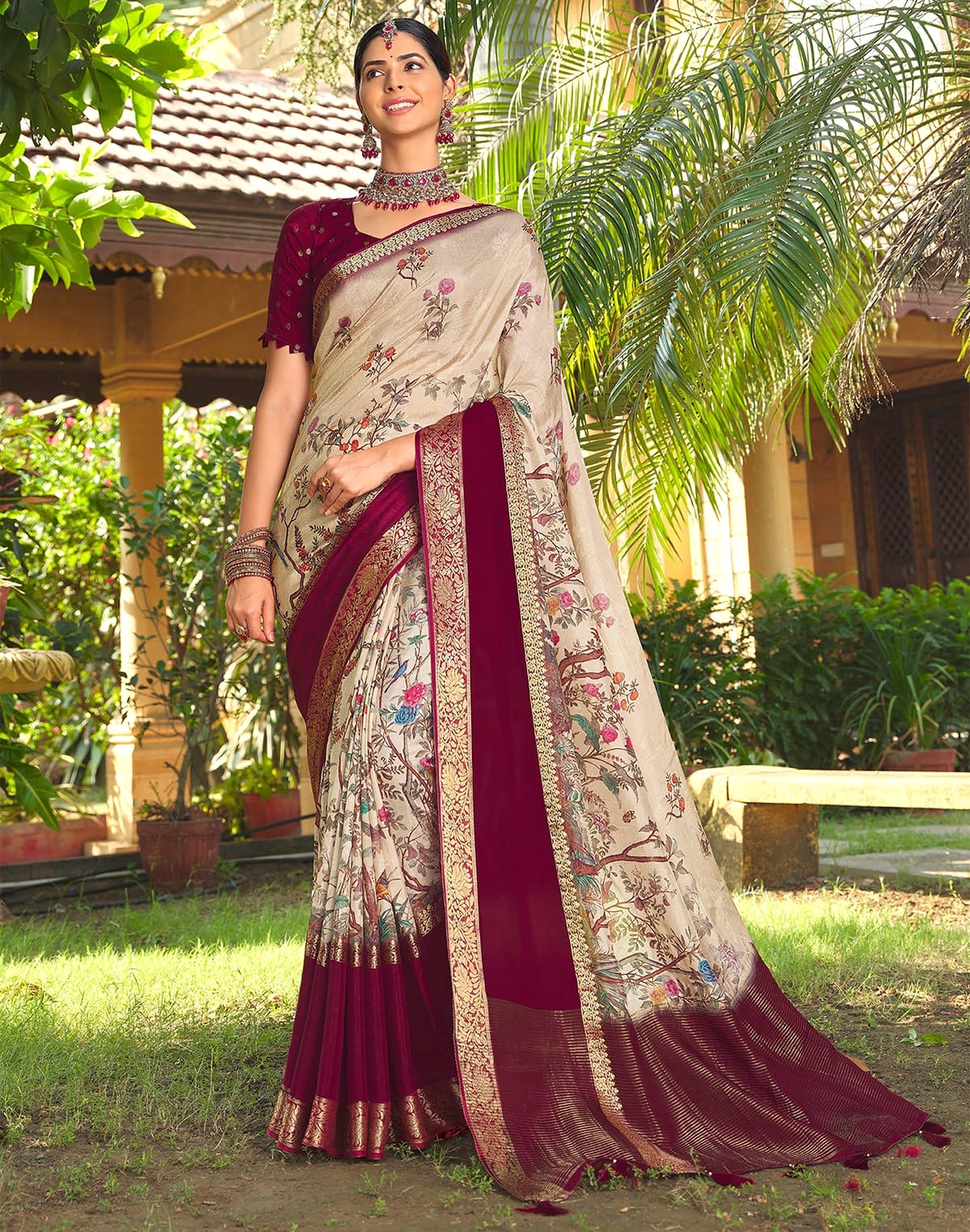 Beautiful Floral Print Cream Soft Dola Silk Saree