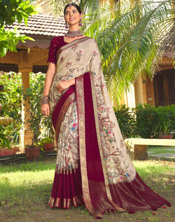 Collection of Beautiful Floral Print Cream Soft Dola Silk Saree in a gallery layout