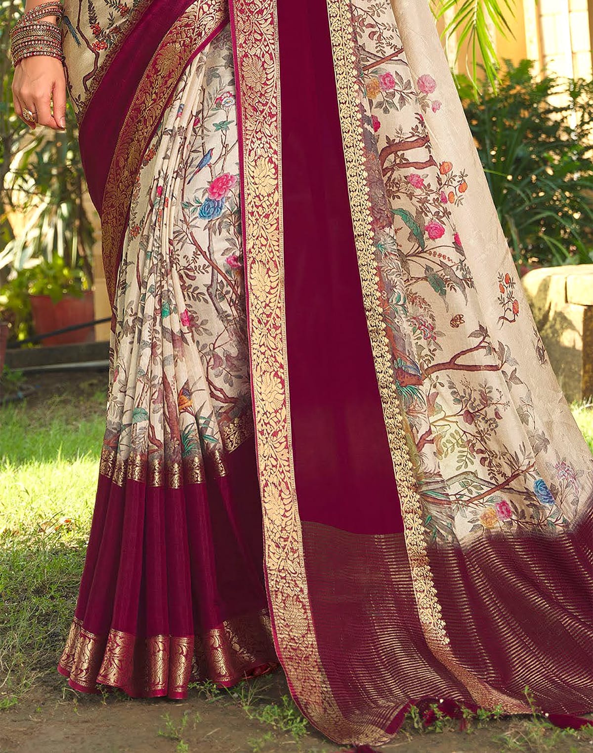 Beautiful Floral Print Cream Soft Dola Silk Saree