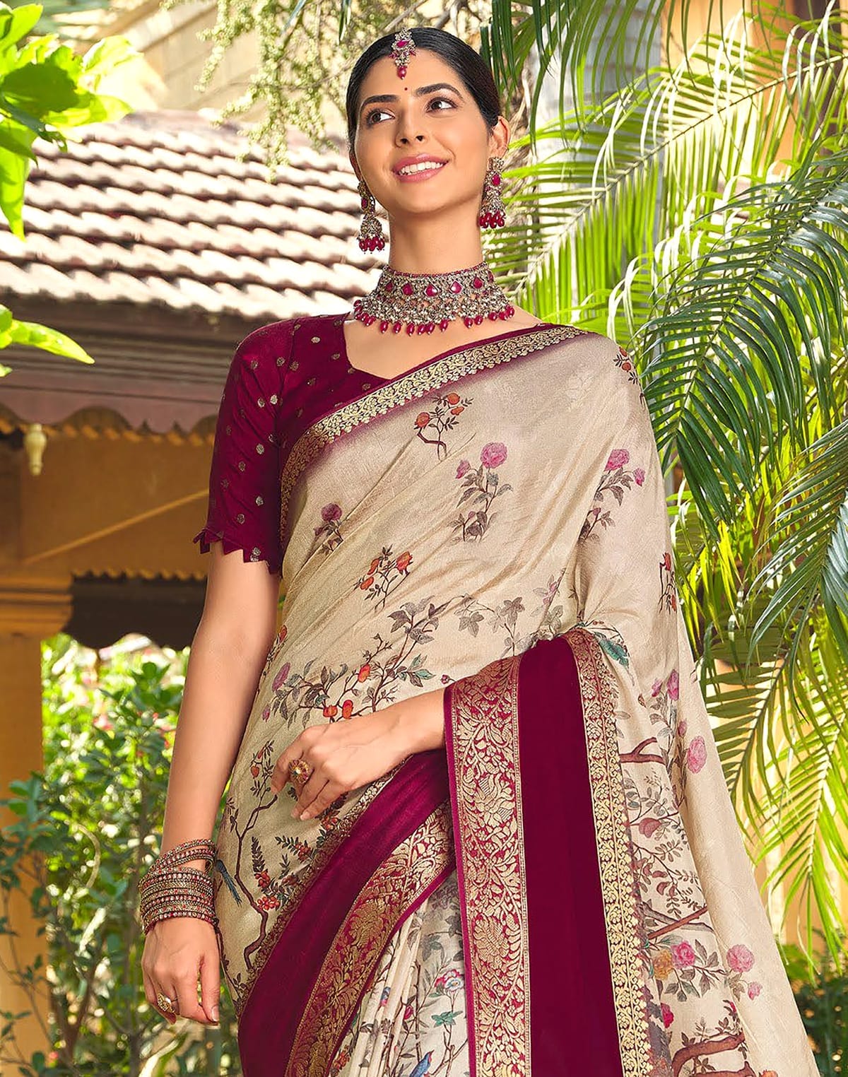 Collection of Beautiful Floral Print Cream Soft Dola Silk Saree in a gallery layout