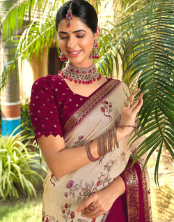 Collection of Beautiful Floral Print Cream Soft Dola Silk Saree in a gallery layout