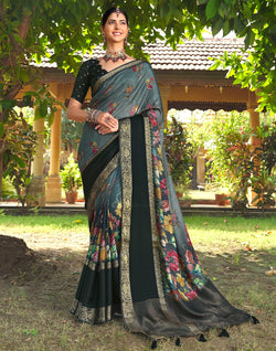 Collection of Soft Dola Silk Kalamkari Print Light Blue Saree in a gallery layout