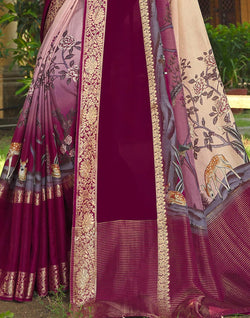 Collection of Elegant Beige Colour Floral Print Dola Silk Saree with Contrast blouse in a gallery layout