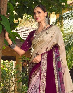 Collection of Elegant Beige Colour Floral Print Dola Silk Saree with Contrast blouse in a gallery layout