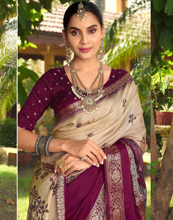 Collection of Elegant Beige Colour Floral Print Dola Silk Saree with Contrast blouse in a gallery layout