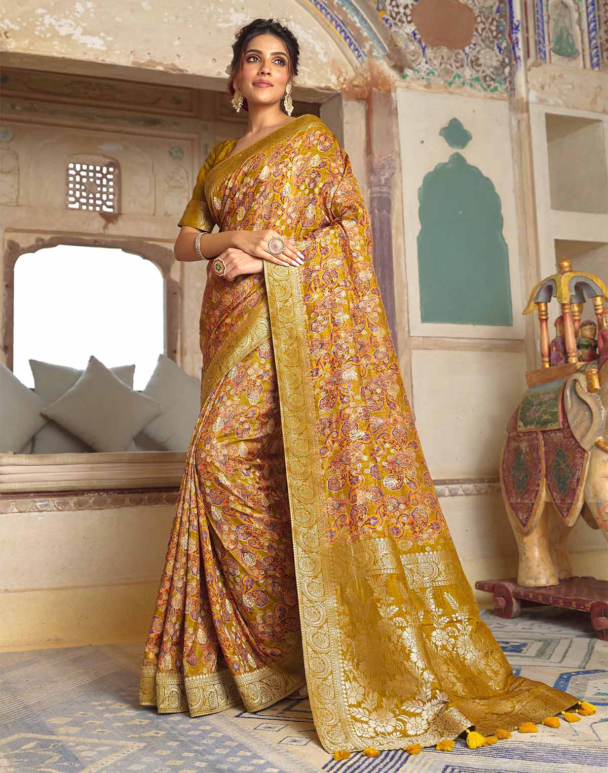 Mustard Coloured Dola Silk Party Wear Saree