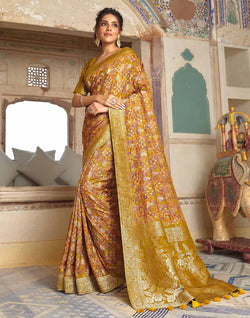 Collection of Mustard Coloured Dola Silk Party Wear Saree in a gallery layout