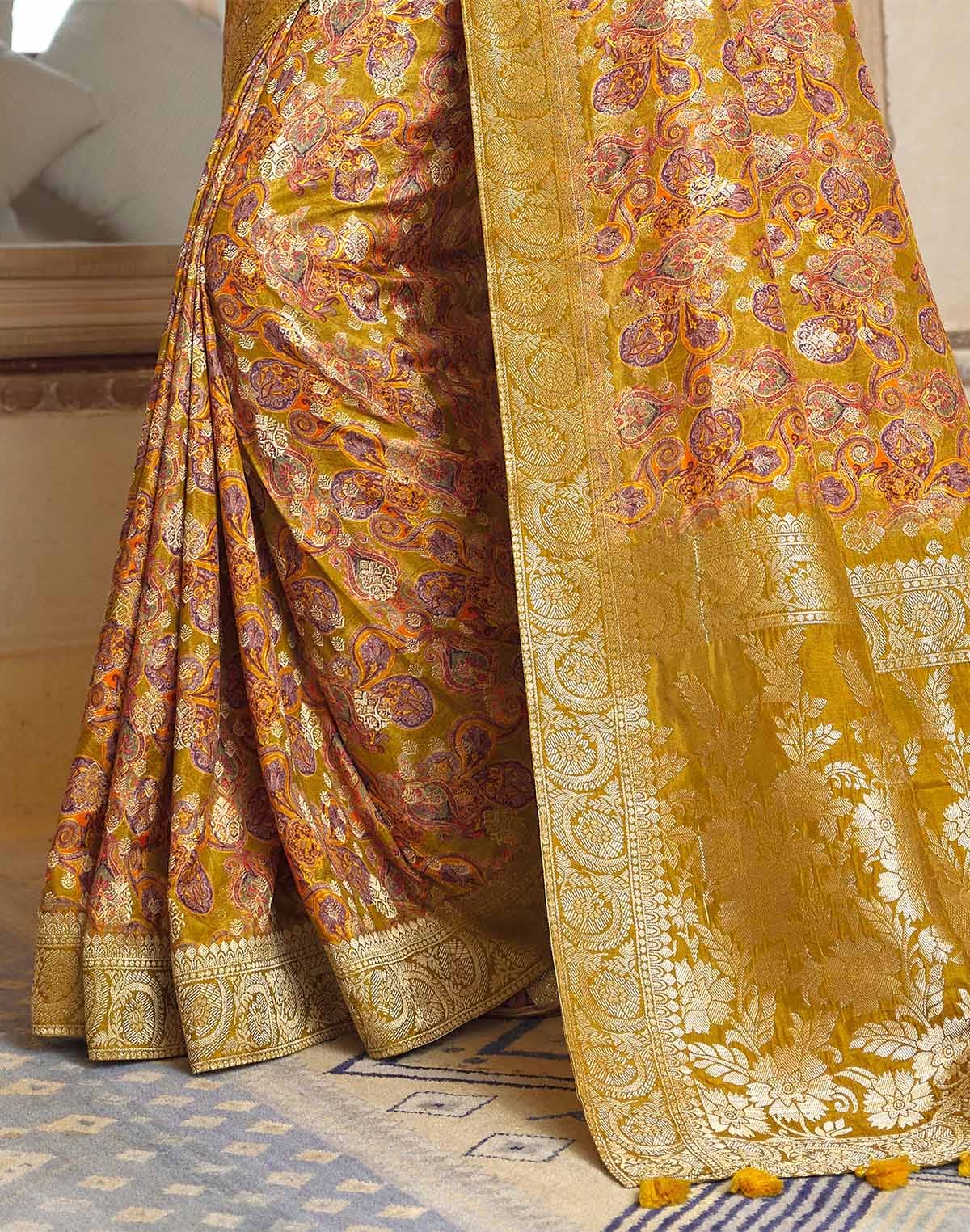 Mustard Coloured Dola Silk Party Wear Saree