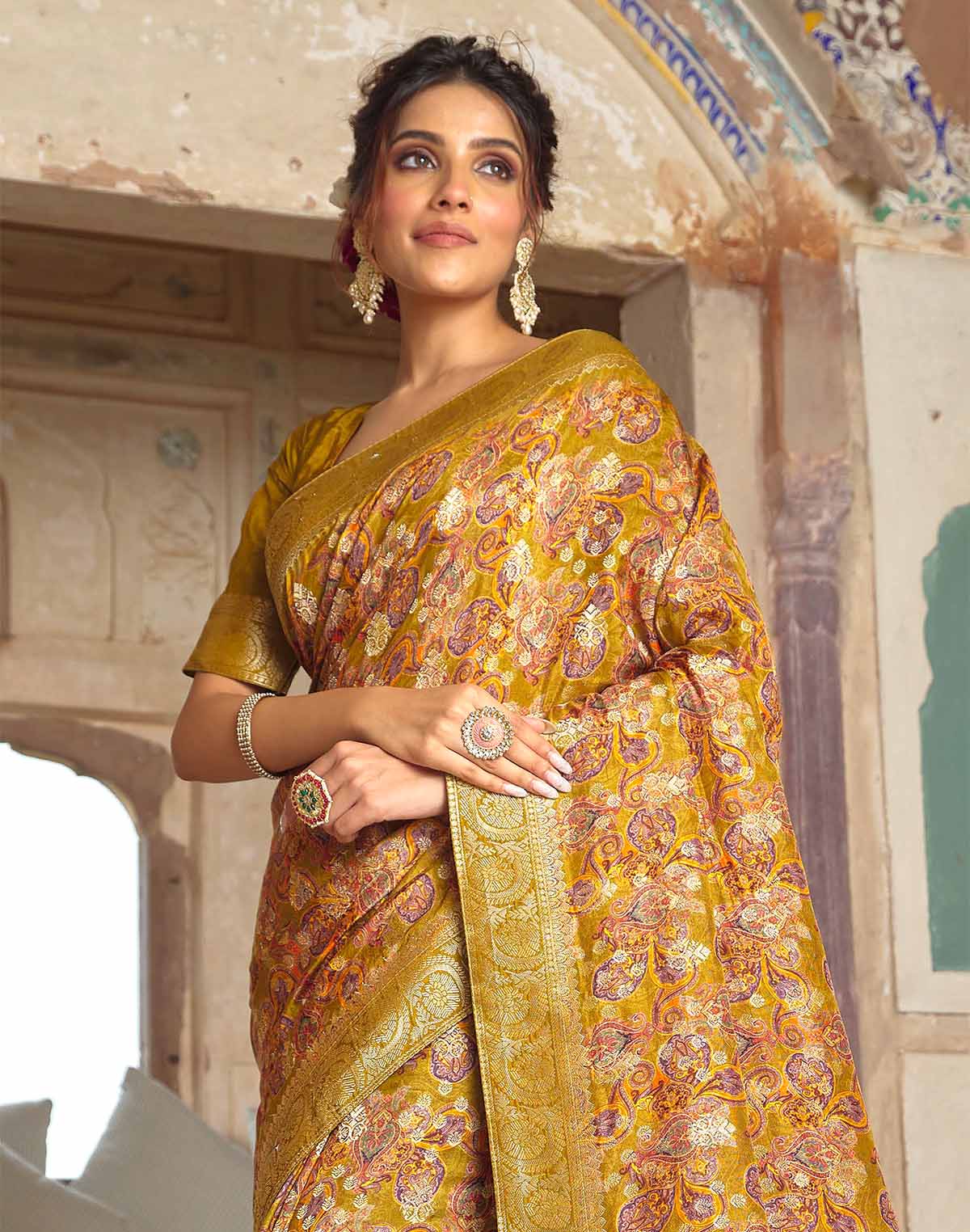 Collection of Mustard Coloured Dola Silk Party Wear Saree in a gallery layout