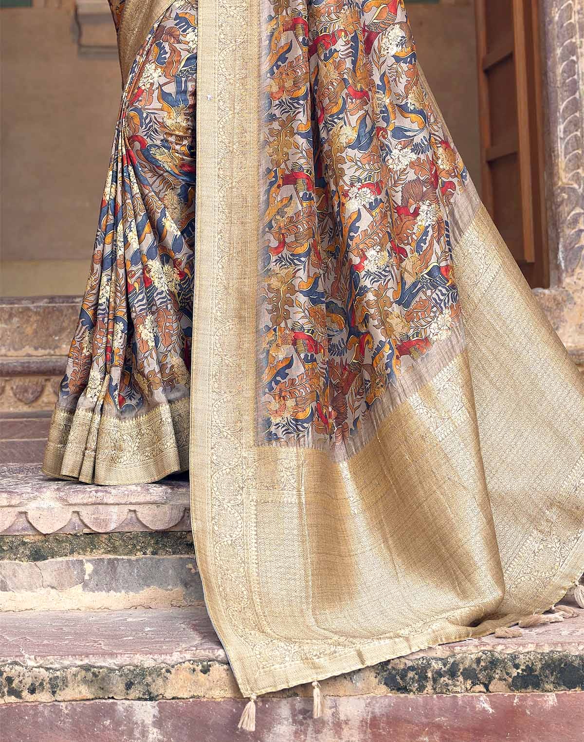 Collection of Exquisite Light Grey Dola Silk Saree with Blouse in a gallery layout