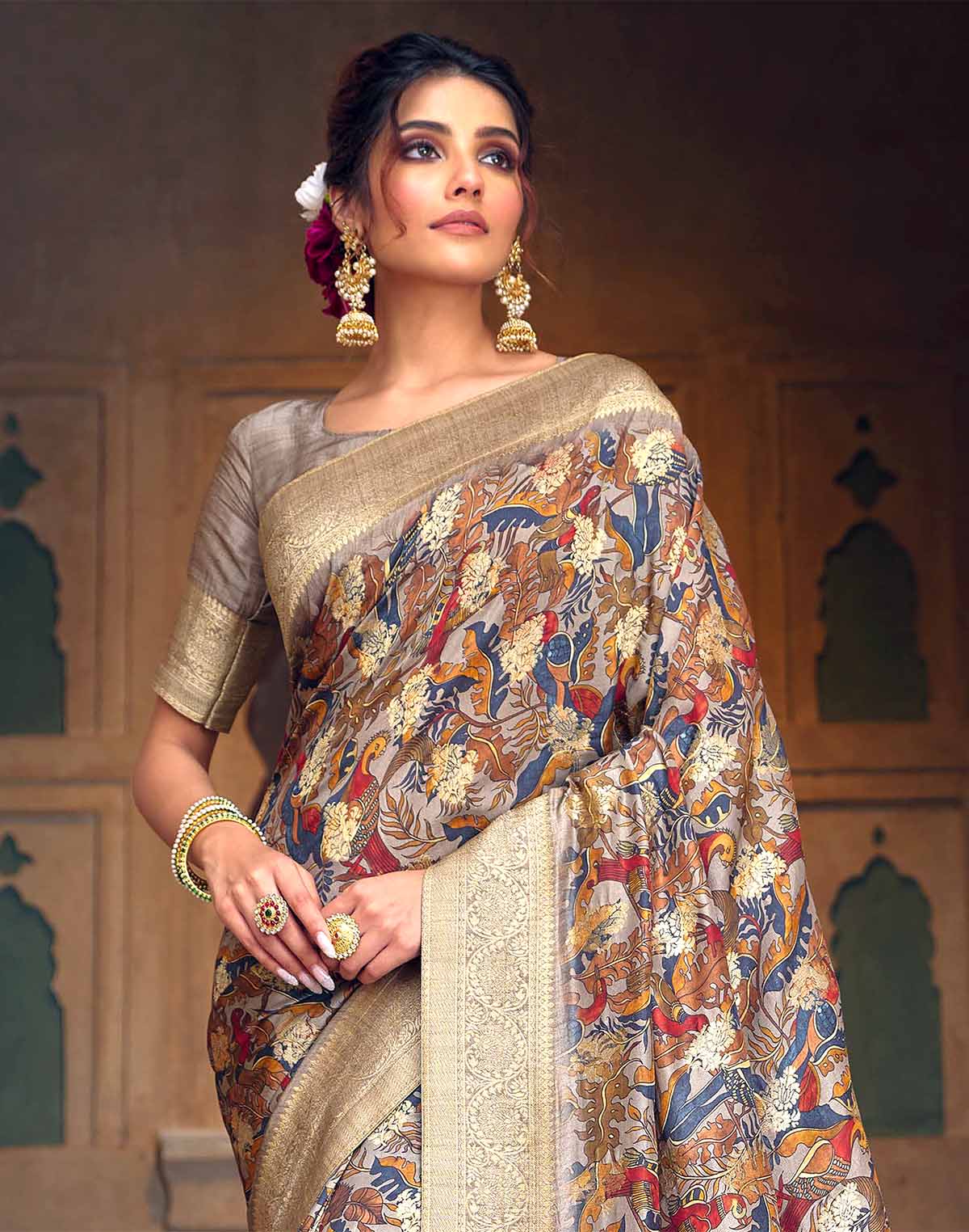 Collection of Exquisite Light Grey Dola Silk Saree with Blouse in a gallery layout