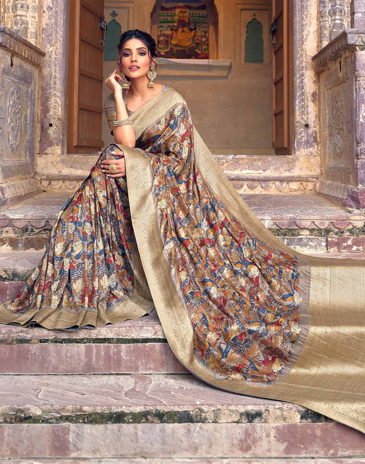 Collection of Exquisite Light Grey Dola Silk Saree with Blouse in a gallery layout