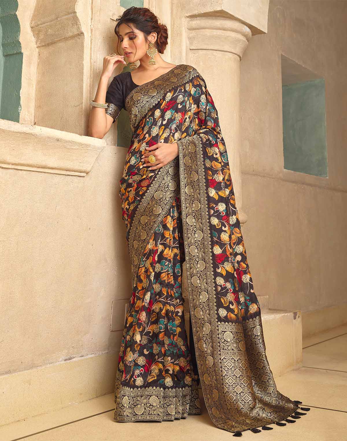 Black Coloured Floral Print Dola Silk Saree