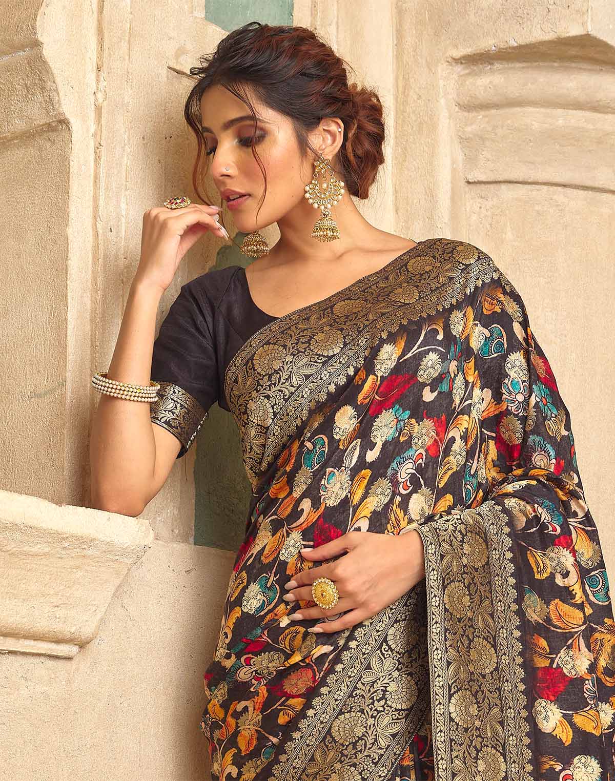 Collection of Black Coloured Floral Print Dola Silk Saree in a gallery layout