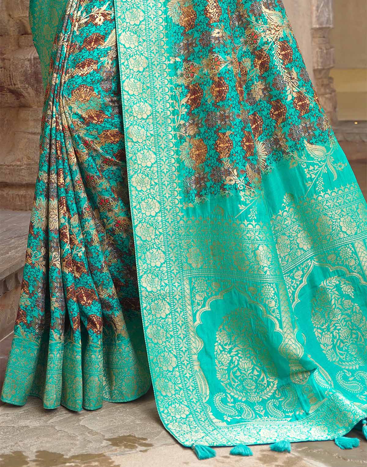 Collection of Stunning Sea Green Soft Dola Silk Saree in a gallery layout