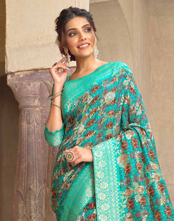 Collection of Stunning Sea Green Soft Dola Silk Saree in a gallery layout