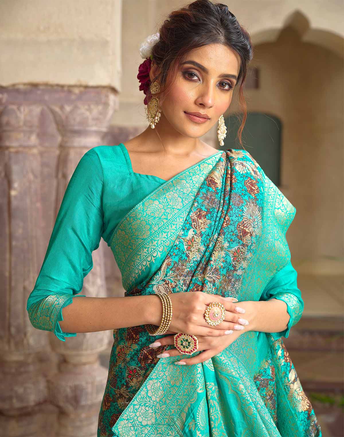 Collection of Stunning Sea Green Soft Dola Silk Saree in a gallery layout