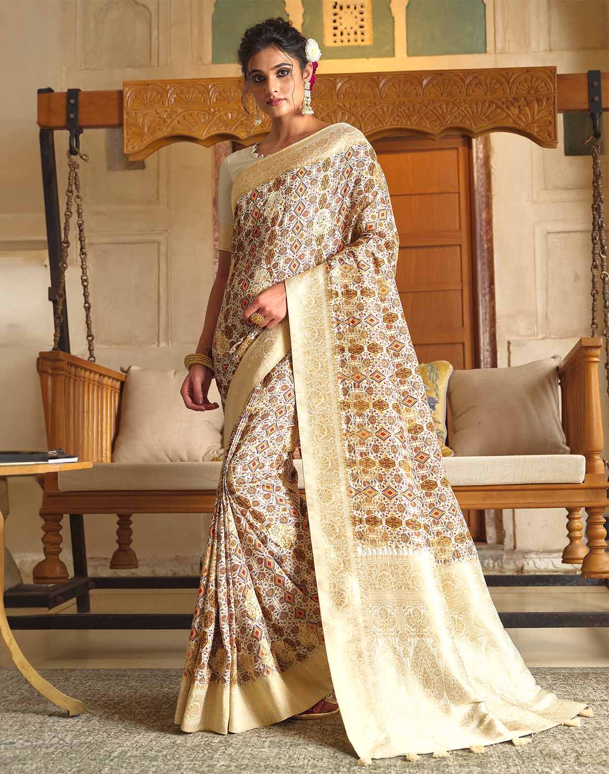 Soft Dola Silk Zari weaving Cream Saree