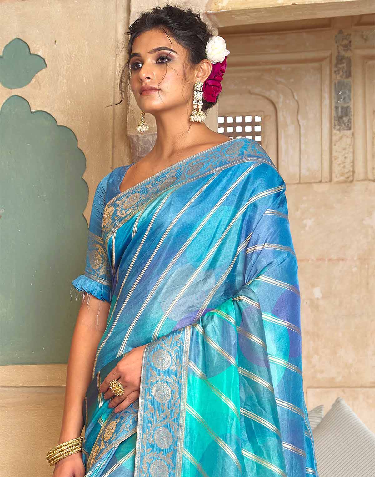 Collection of Soft Dola Silk Zari Printed Saree in a gallery layout