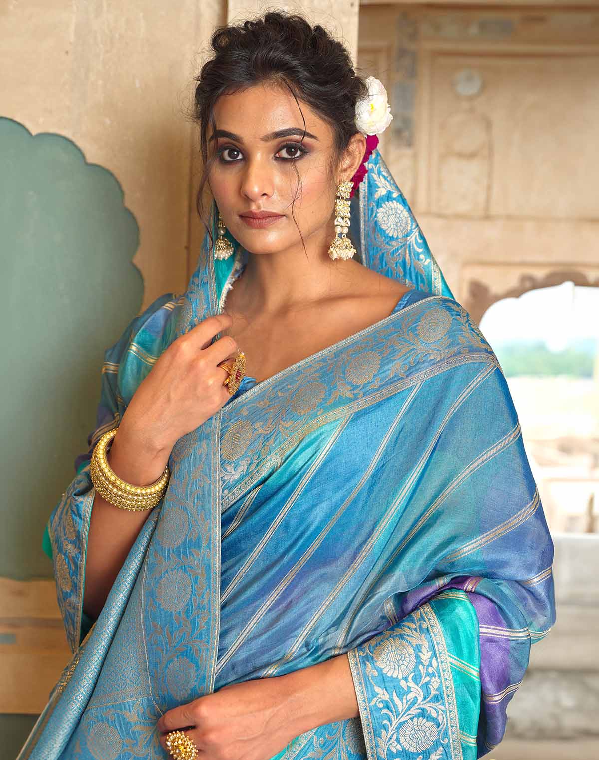 Collection of Soft Dola Silk Zari Printed Saree in a gallery layout