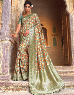 Collection of Light Green Dola Silk all over Woven Zari and Floral Print Saree in a gallery layout