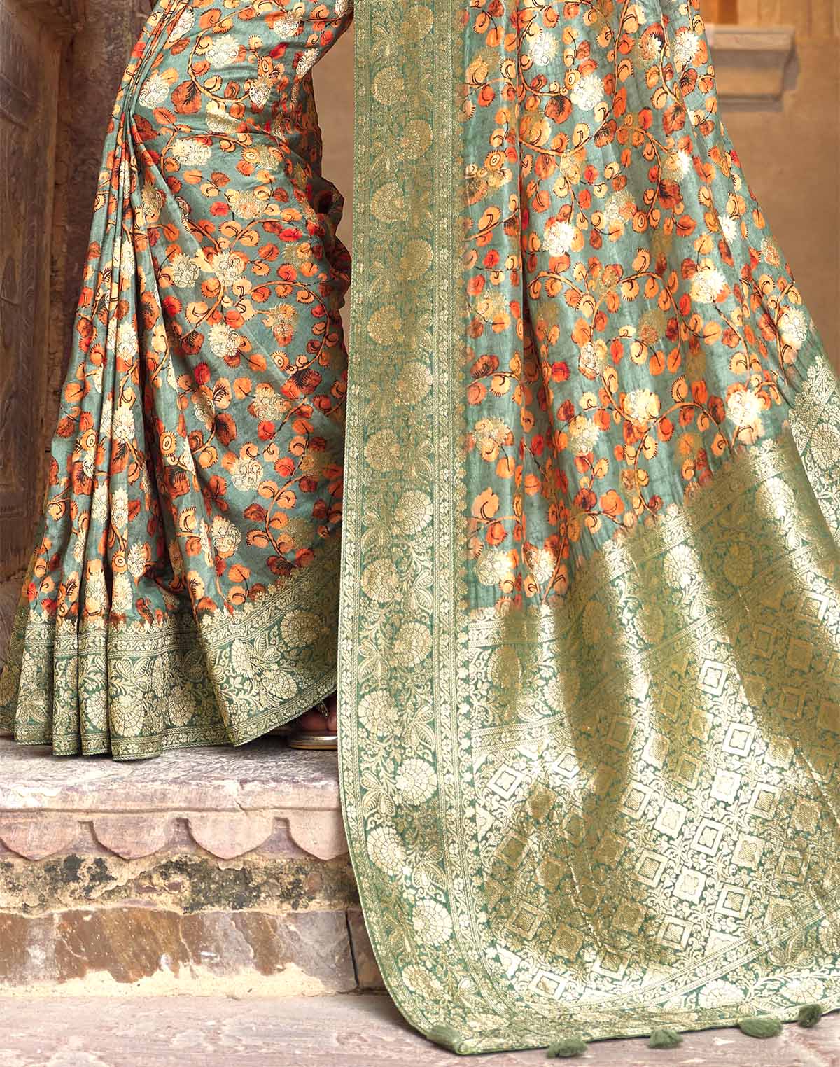 Collection of Light Green Dola Silk all over Woven Zari and Floral Print Saree in a gallery layout