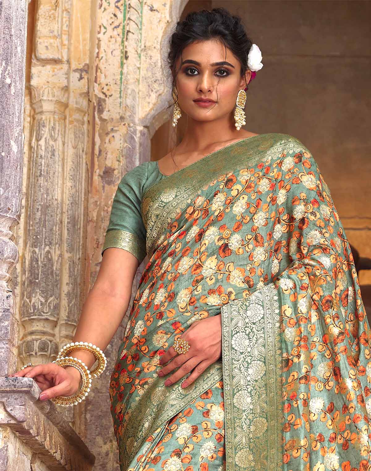 Light Green Dola Silk all over Woven Zari and Floral Print Saree